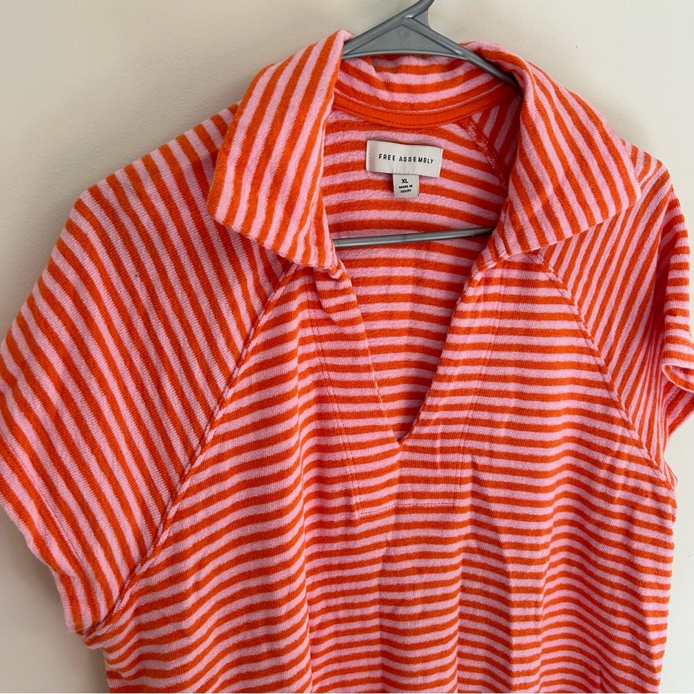 FREE ASSEMBLY‎ Pink/Orange Stripe Short Sleeve Raglan Polo Shirt Size XL